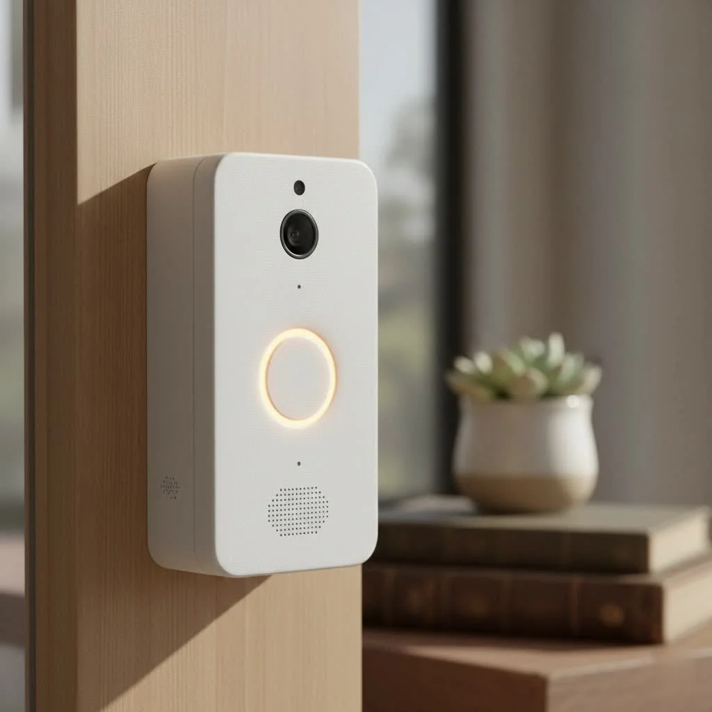 A modern wired smart doorbell with a camera lens and button
