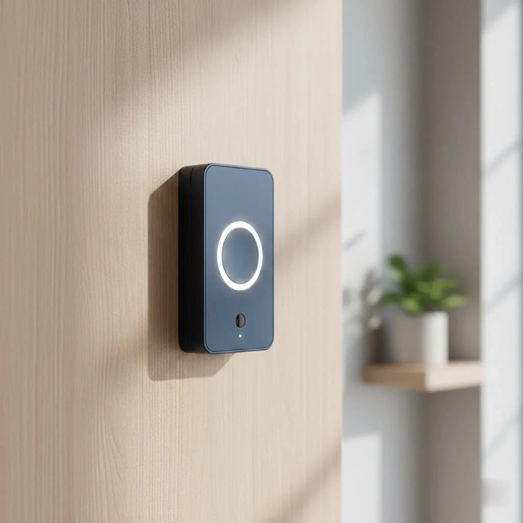 Wireless smart doorbell mounted on a modern home entrance