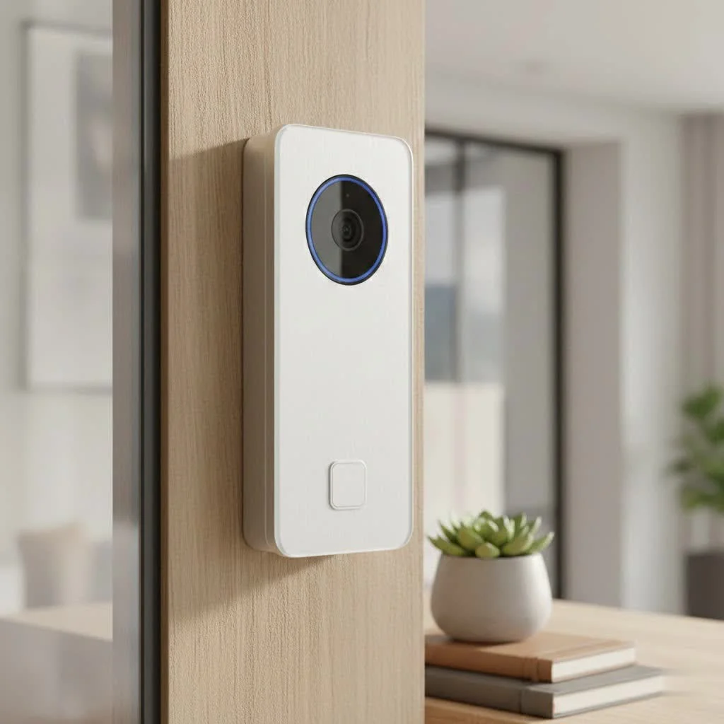 Smart home wireless doorbell with a clear view of a modern entryway